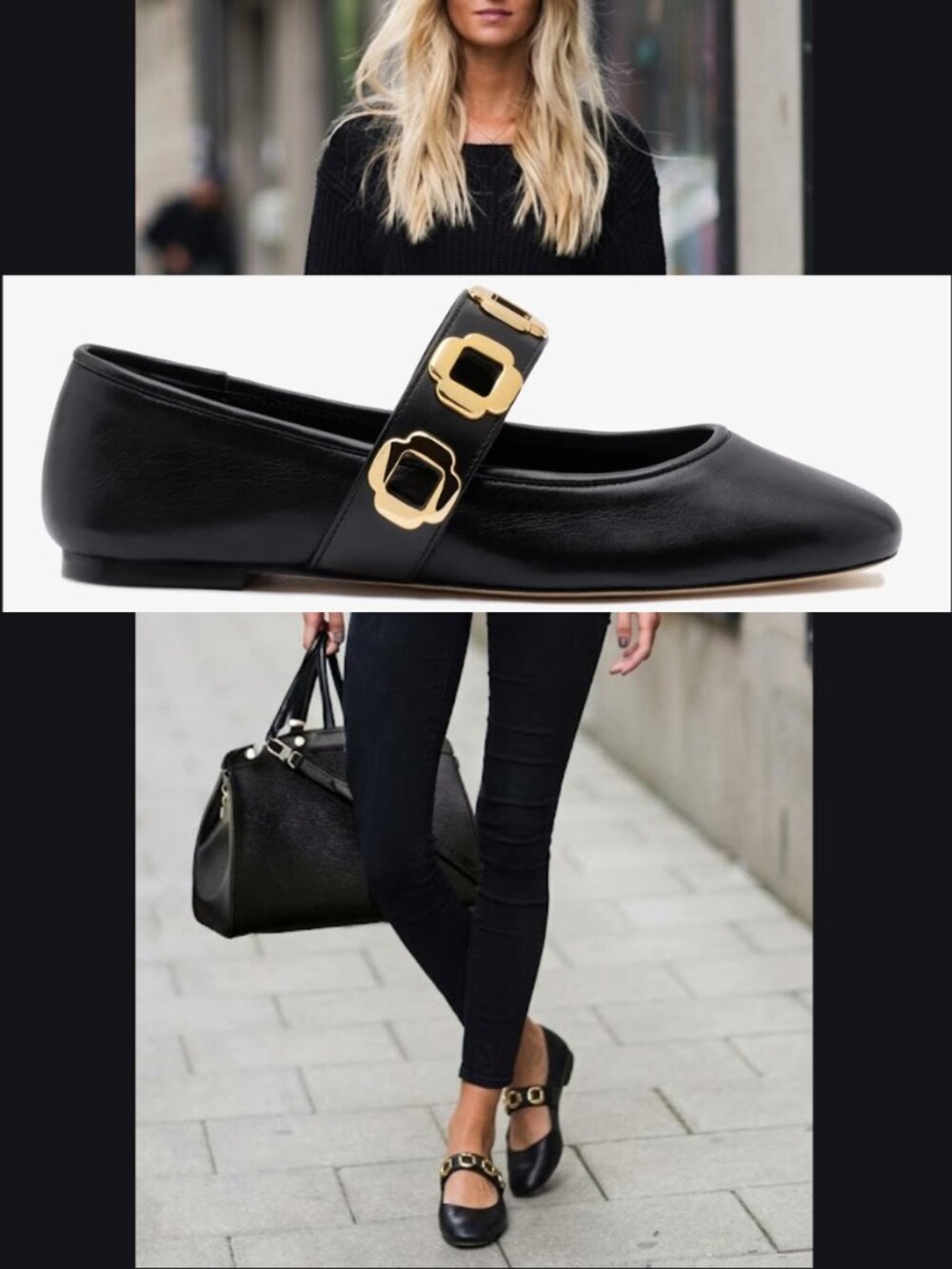 Larroude Milan Ballet Flat Black Leather Gold Buckle Mary Jane NWT